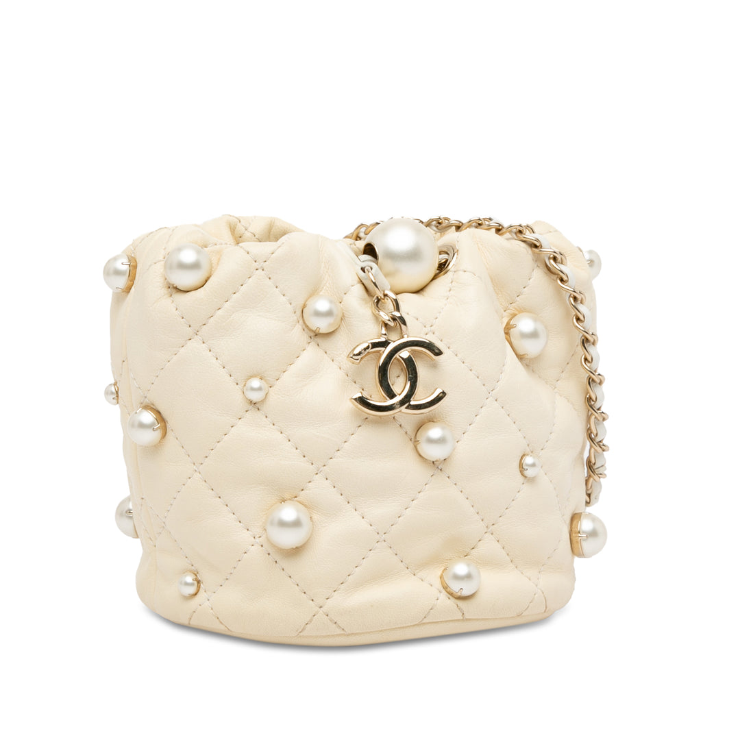 Mini Quilted Lambskin About Pearls Drawstring Bucket Bag White - Gaby Paris