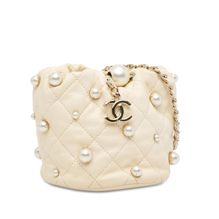 Mini Quilted Lambskin About Pearls Drawstring Bucket Bag White - Gaby Paris