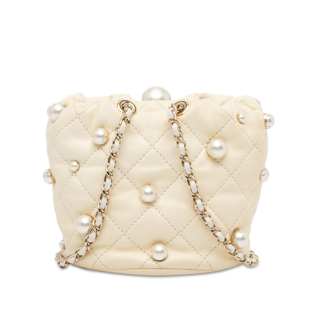 Mini Quilted Lambskin About Pearls Drawstring Bucket Bag White - Gaby Paris