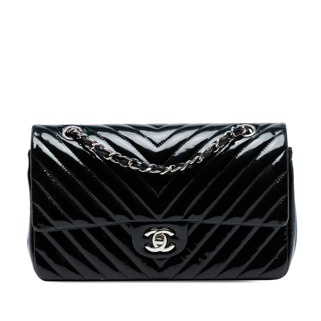 Chanel Medium Classic Chevron Cuir verni Double rabat Bleu – GABY PARIS Authentique