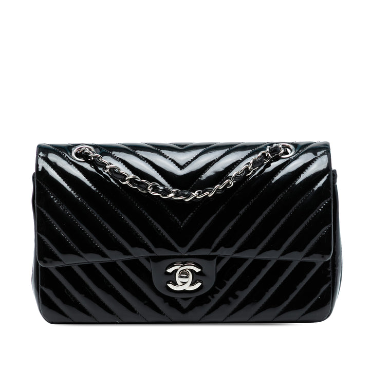 Chanel Medium Classic Chevron Cuir verni Double rabat Bleu – GABY PARIS Authentique