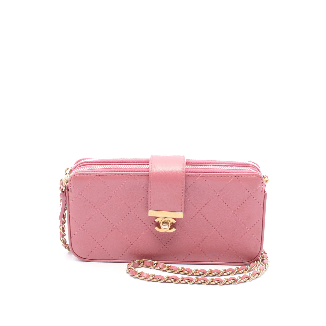 CC Quilted Calfskin Double Zip Clutch with Chain Pink - Gaby Paris