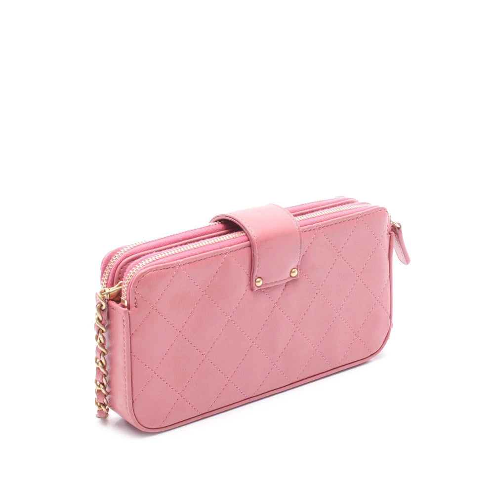 CC Quilted Calfskin Double Zip Clutch with Chain Pink - Gaby Paris