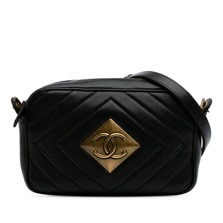 Chevron Lambskin Pyramid CC Camera Bag Black - Gaby Paris