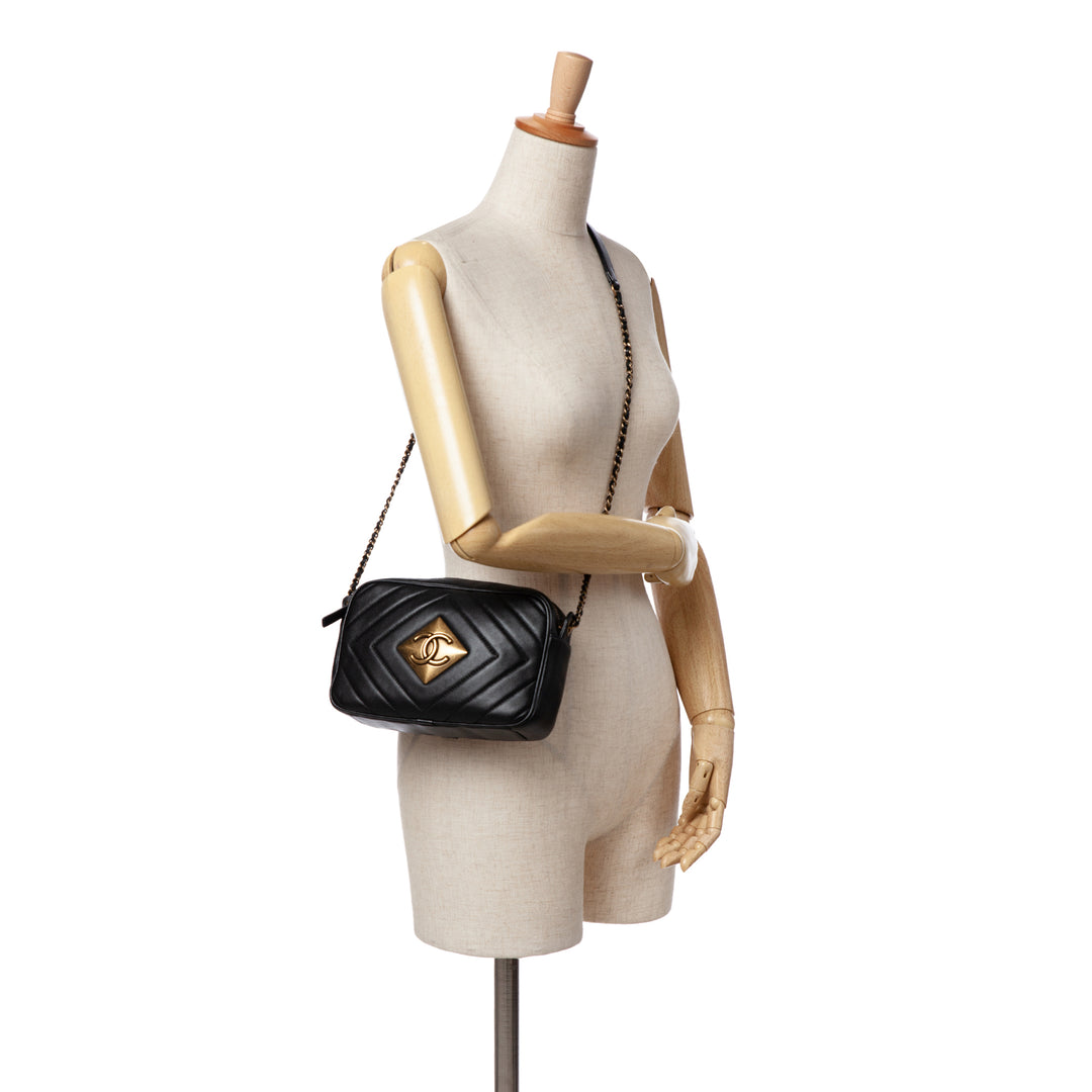Chevron Lambskin Pyramid CC Camera Bag Black - Gaby Paris