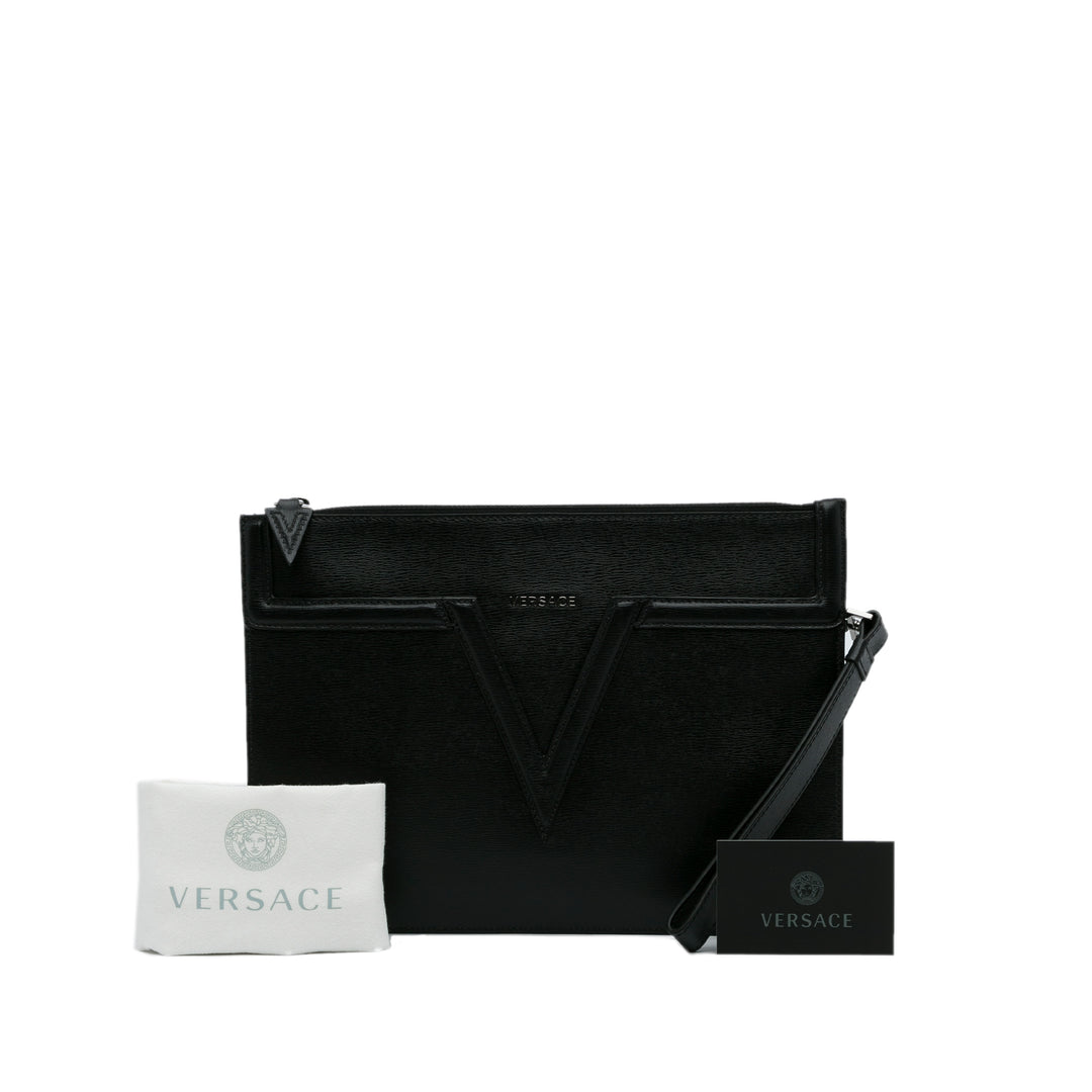 V Logo Leather Clutch Black - Gaby Paris