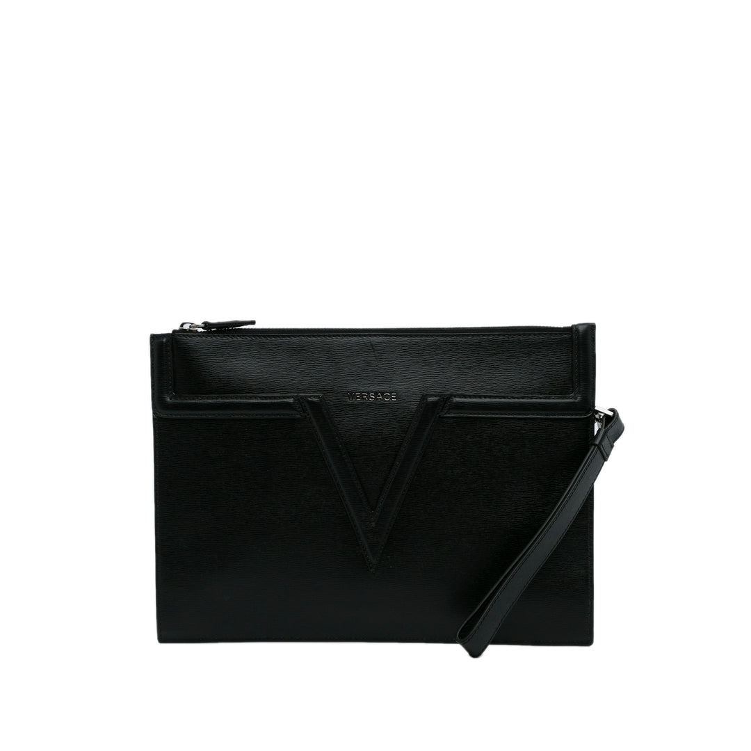 V Logo Leather Clutch Black - Gaby Paris