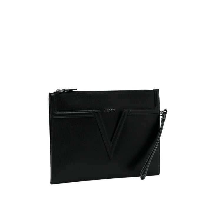 V Logo Leather Clutch Black - Gaby Paris