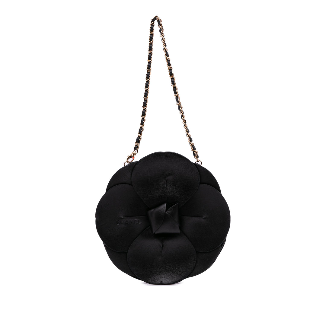 Lambskin and Satin Camellia Flower Evening Bag Black - Gaby Paris