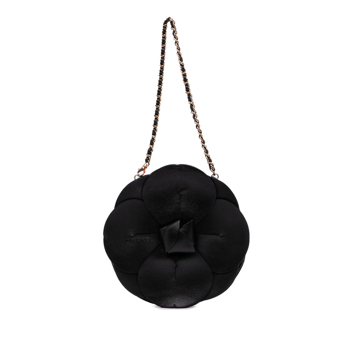 Lambskin and Satin Camellia Flower Evening Bag Black - Gaby Paris