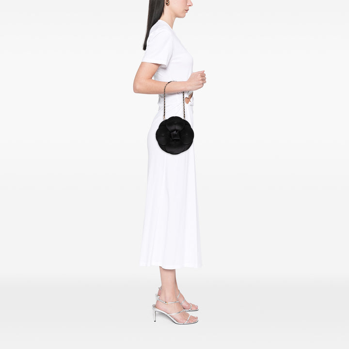 Lambskin and Satin Camellia Flower Evening Bag Black - Gaby Paris