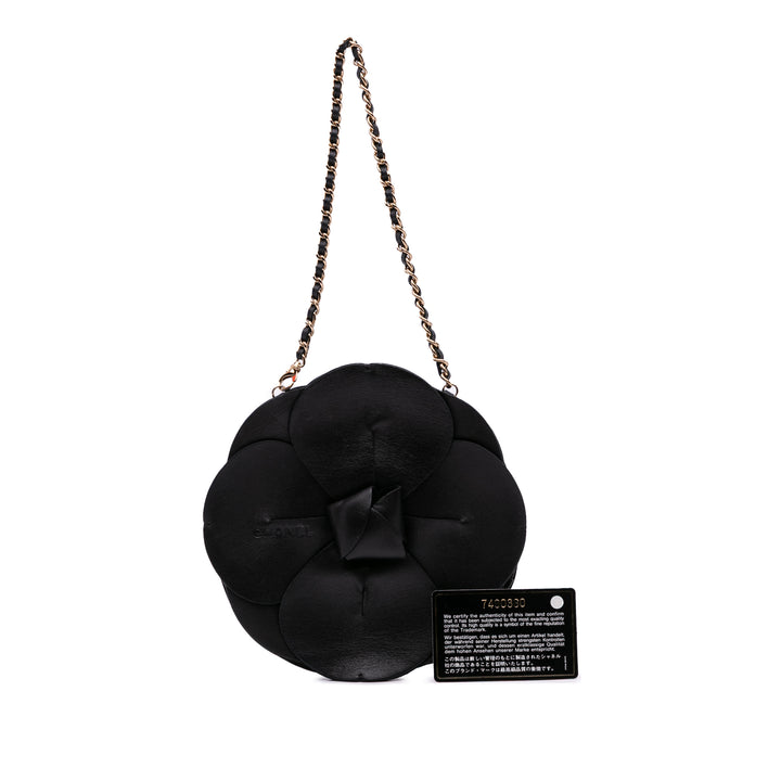 Lambskin and Satin Camellia Flower Evening Bag Black - Gaby Paris