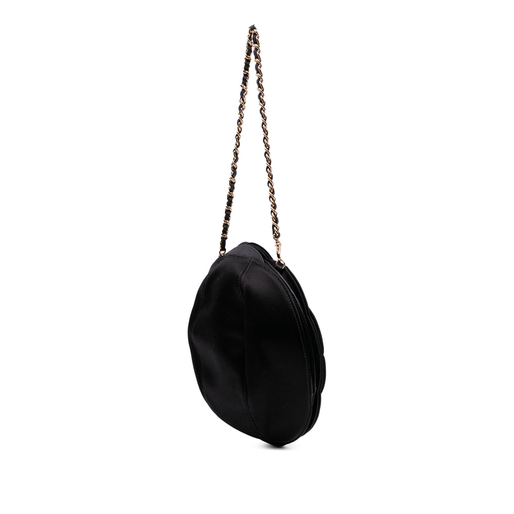 Lambskin and Satin Camellia Flower Evening Bag Black - Gaby Paris