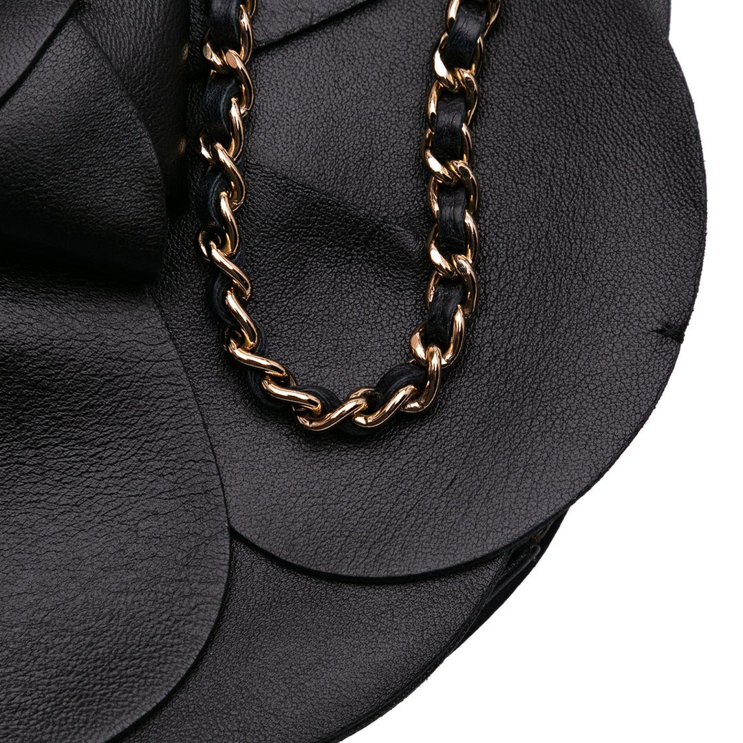 Lambskin and Satin Camellia Flower Evening Bag Black - Gaby Paris