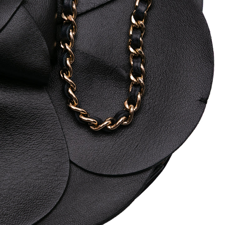 Lambskin and Satin Camellia Flower Evening Bag Black - Gaby Paris
