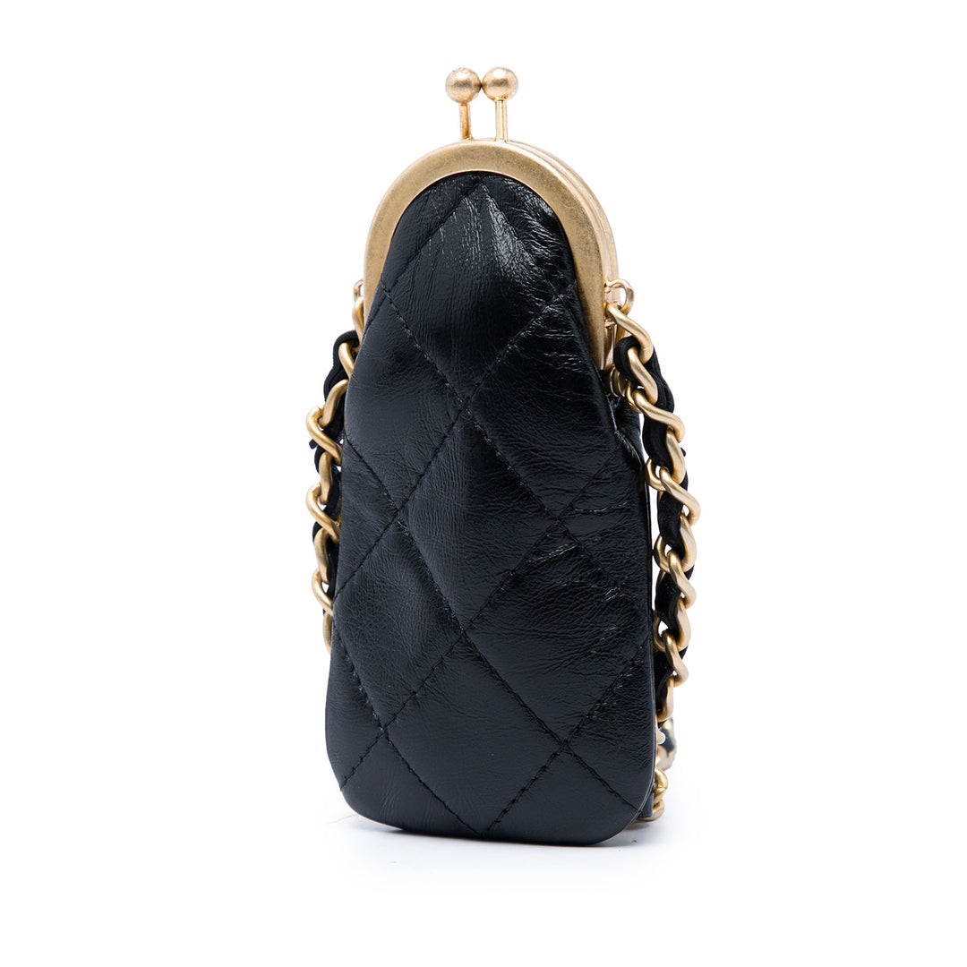 CC Matelassé Lipstick Étui avec chaîne Cuir d'agneau Noir