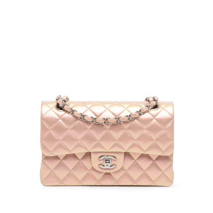 Small Classic Iridescent Lambskin Double Flap Pink - Gaby Paris