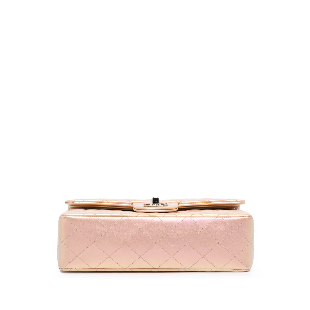 Small Classic Iridescent Lambskin Double Flap Pink - Gaby Paris