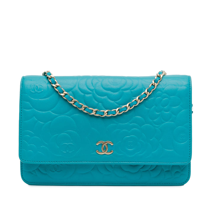 Lambskin Camellia Embossed Wallet On Chain Blue - Gaby Paris