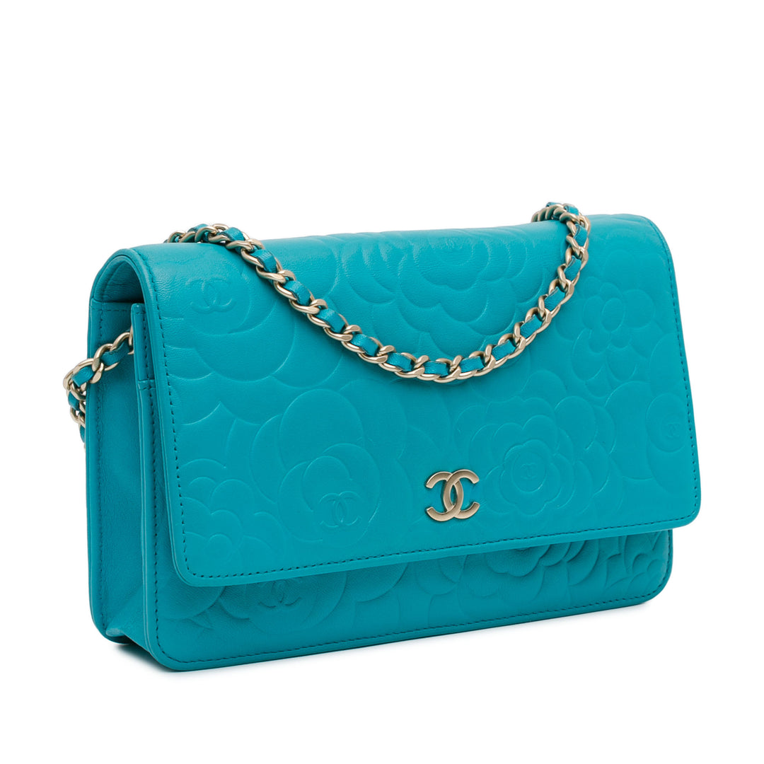 Lambskin Camellia Embossed Wallet On Chain Blue - Gaby Paris