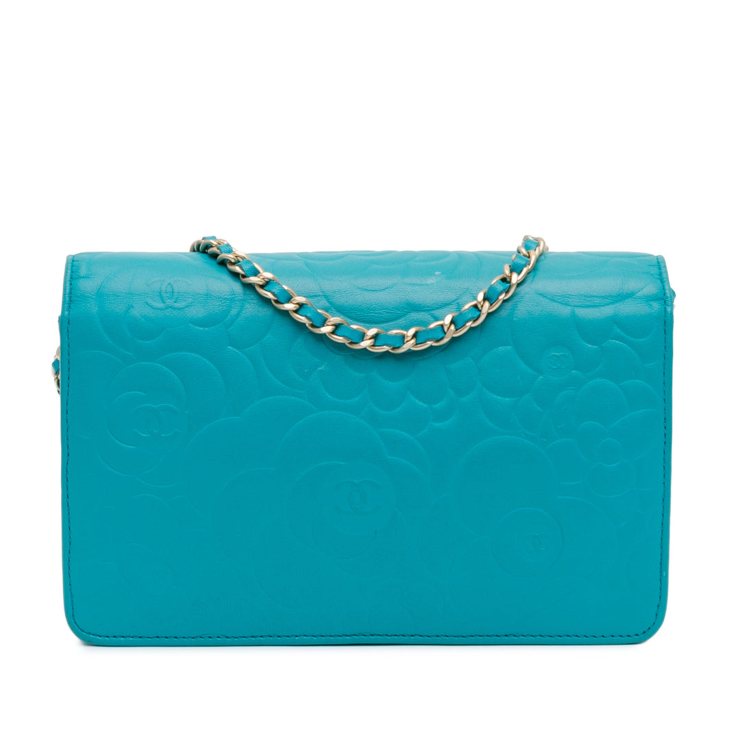 Lambskin Camellia Embossed Wallet On Chain Blue - Gaby Paris