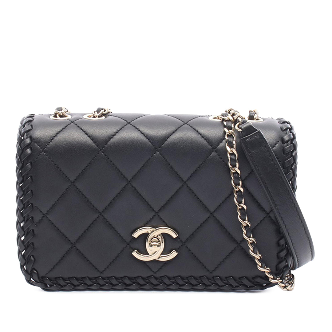 Matelassé Whipstitch Rabat simple Cuir d'agneau Noir