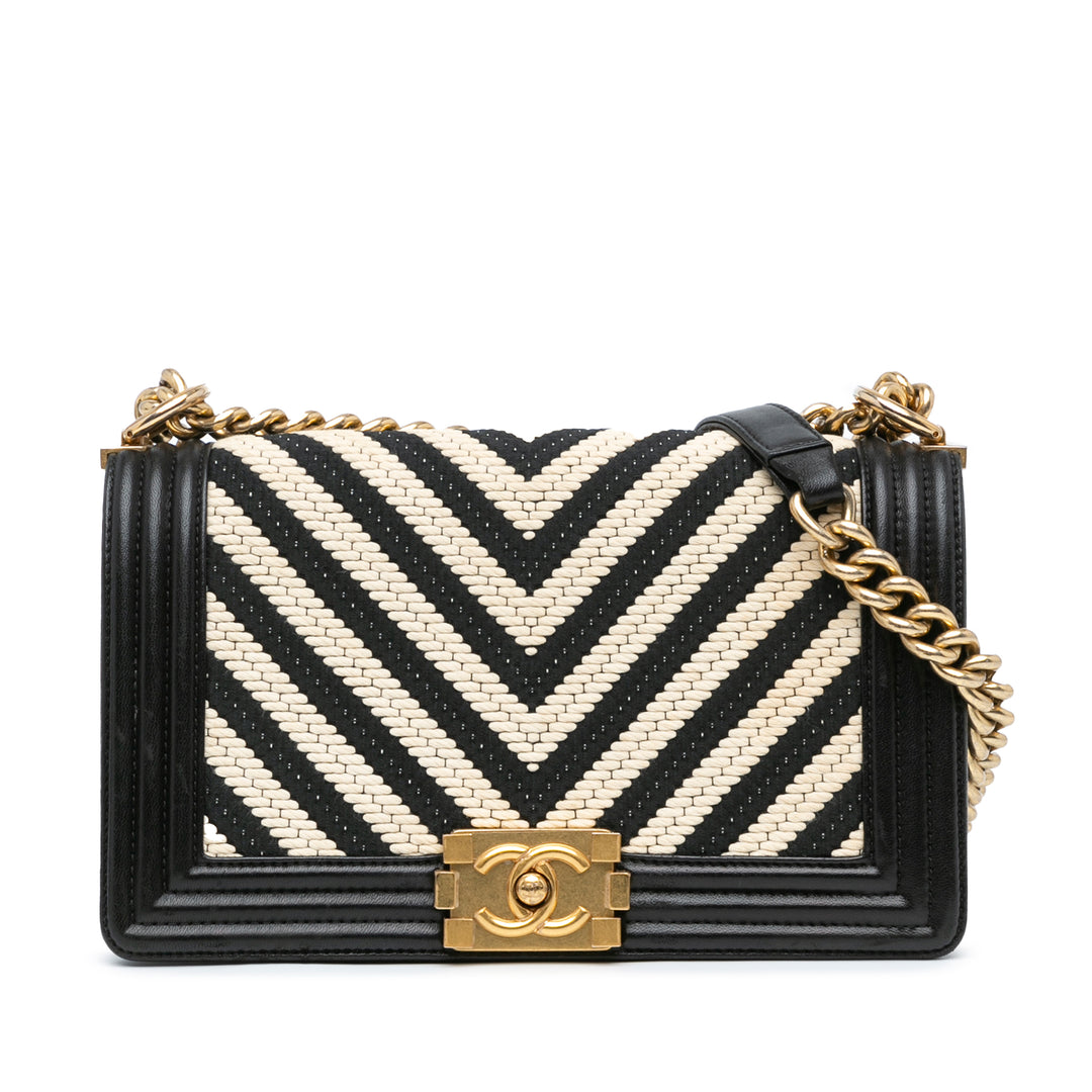 Chanel Medium Braided Chevron Cotton and Lambskin Boy Flap Black - GABY PARIS