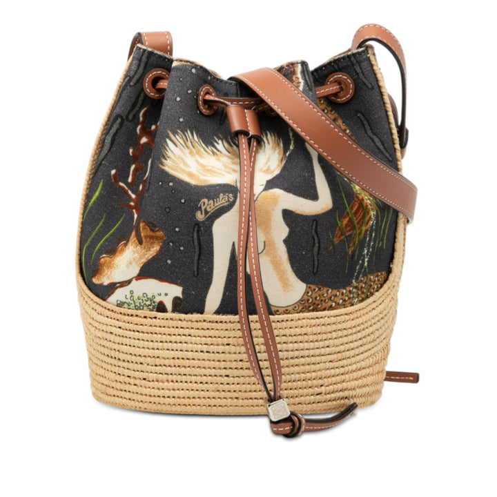 LOEWE Paulas Ibiza Small Toile Mermaid Print Balloon Drawstring Bucket Sac