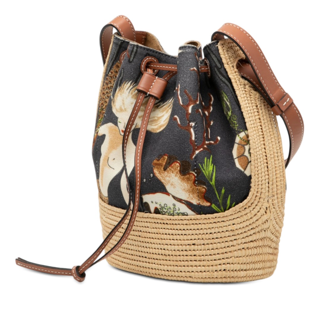 LOEWE Paulas Ibiza Small Toile Mermaid Print Balloon Drawstring Bucket Sac