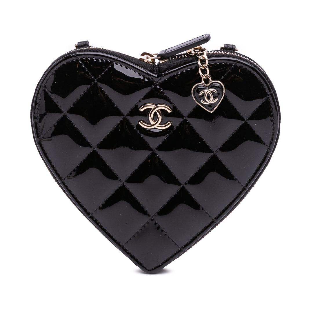 Quilted Patent Calfskin CC Heart Clutch With Chain Black - Gaby Paris