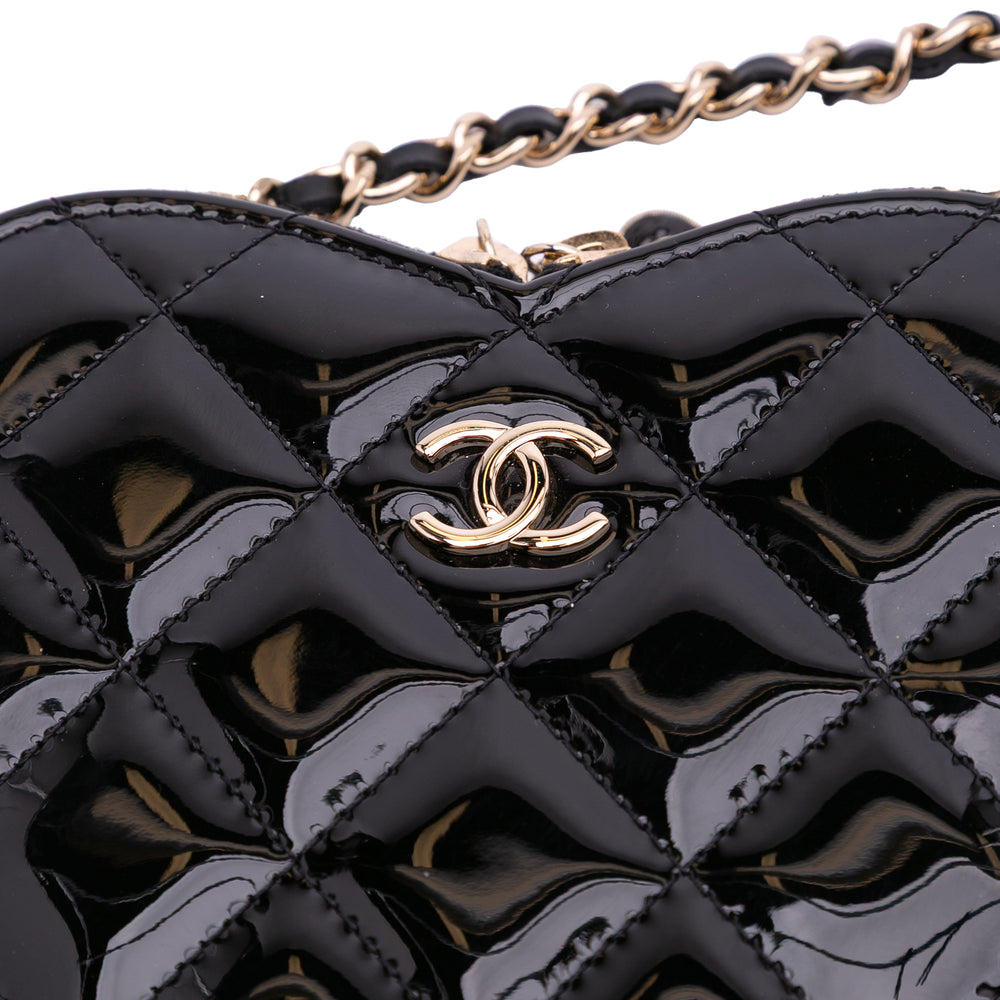 Quilted Patent Calfskin CC Heart Clutch With Chain Black - Gaby Paris