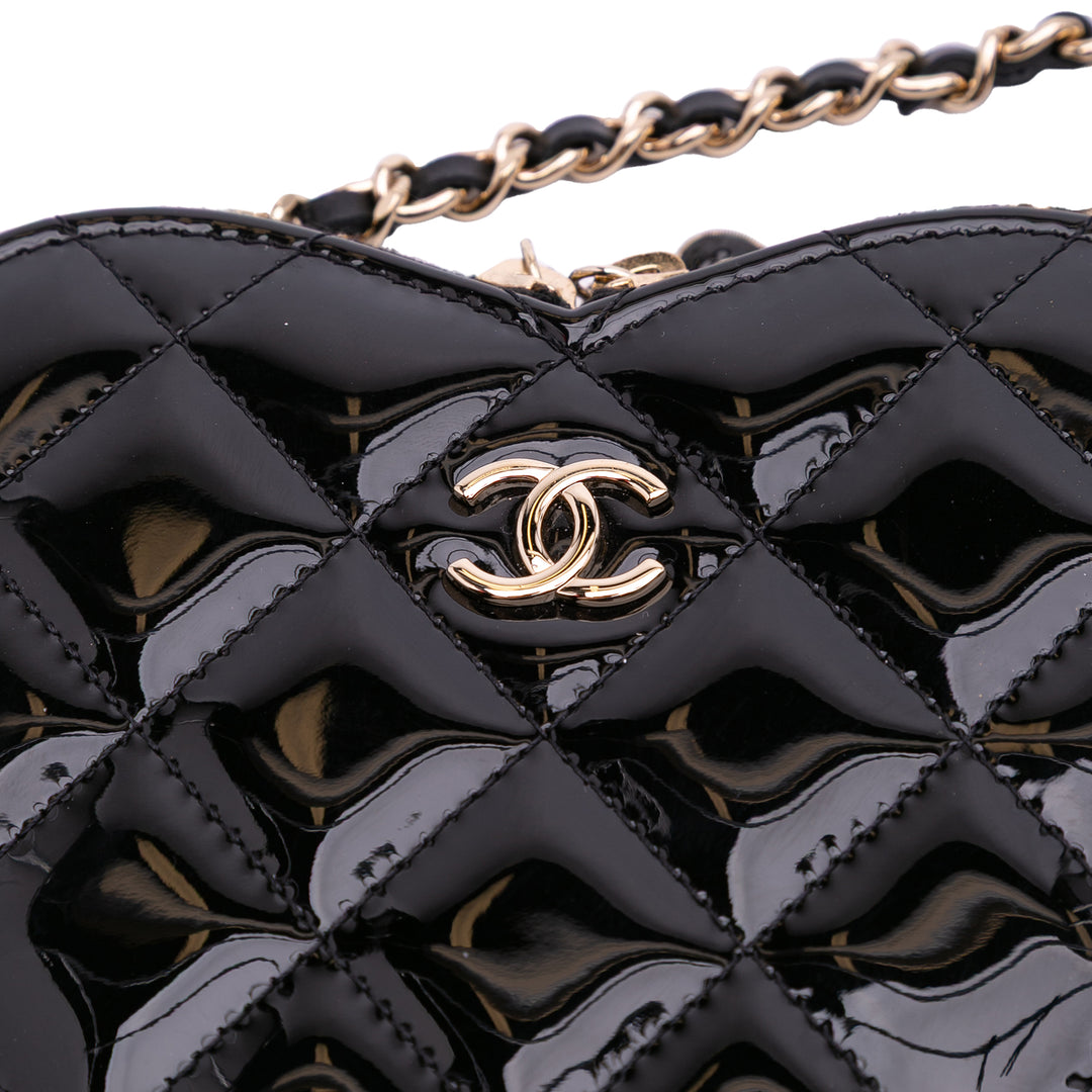 Quilted Patent Calfskin CC Heart Clutch With Chain Black - Gaby Paris