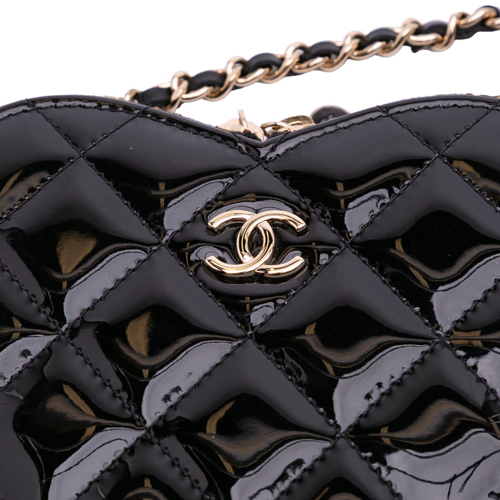 Quilted Patent Calfskin CC Heart Clutch With Chain Black - Gaby Paris