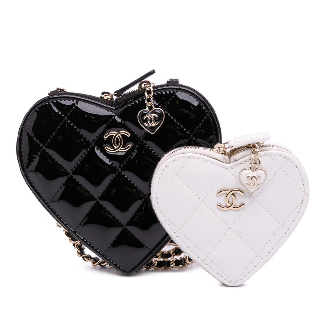 Quilted Patent Calfskin CC Heart Clutch With Chain Black - Gaby Paris