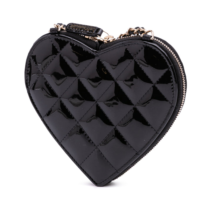 Quilted Patent Calfskin CC Heart Clutch With Chain Black - Gaby Paris