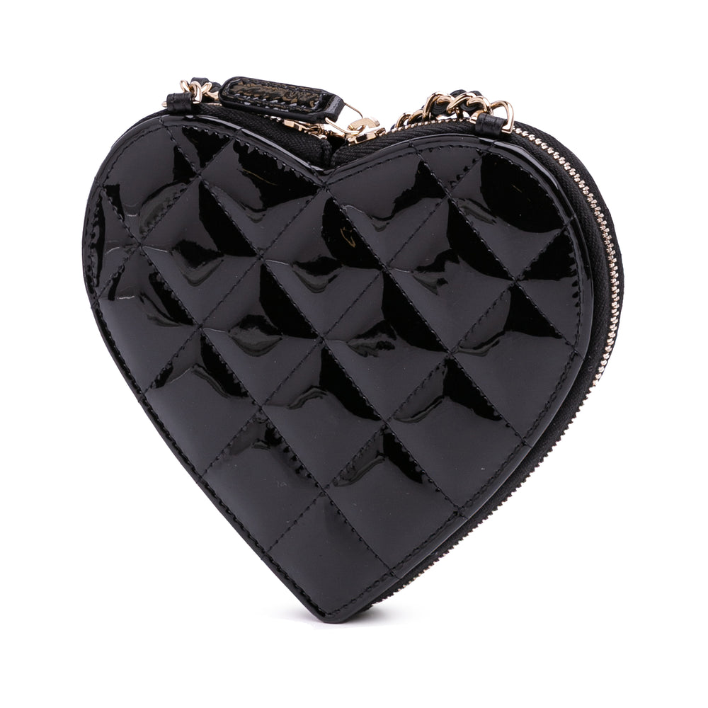 Quilted Patent Calfskin CC Heart Clutch With Chain Black - Gaby Paris