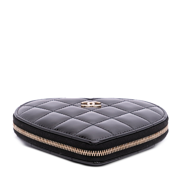 Quilted Patent Calfskin CC Heart Clutch With Chain Black - Gaby Paris