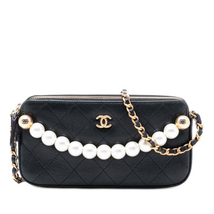 Chanel CC Matelassé Cuir de chèvre Chic Perles Double Zip Pochette avec chaîne