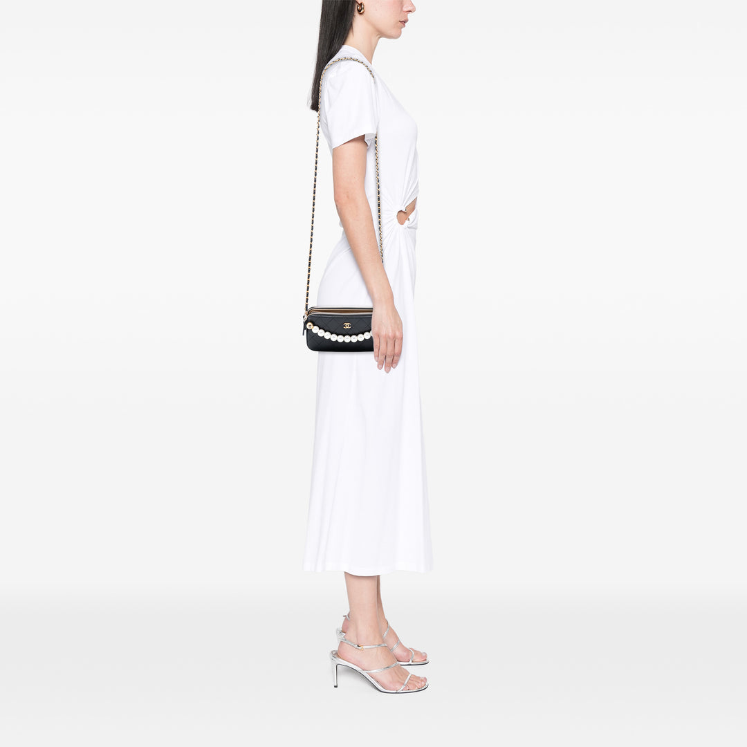 Chanel CC Matelassé Cuir de chèvre Chic Perles Double Zip Pochette avec chaîne