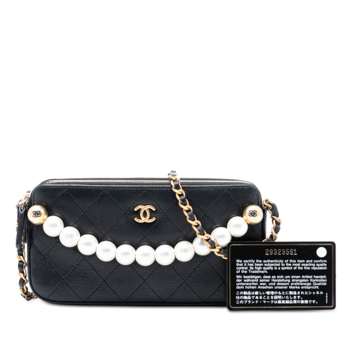 Chanel CC Matelassé Cuir de chèvre Chic Perles Double Zip Pochette avec chaîne