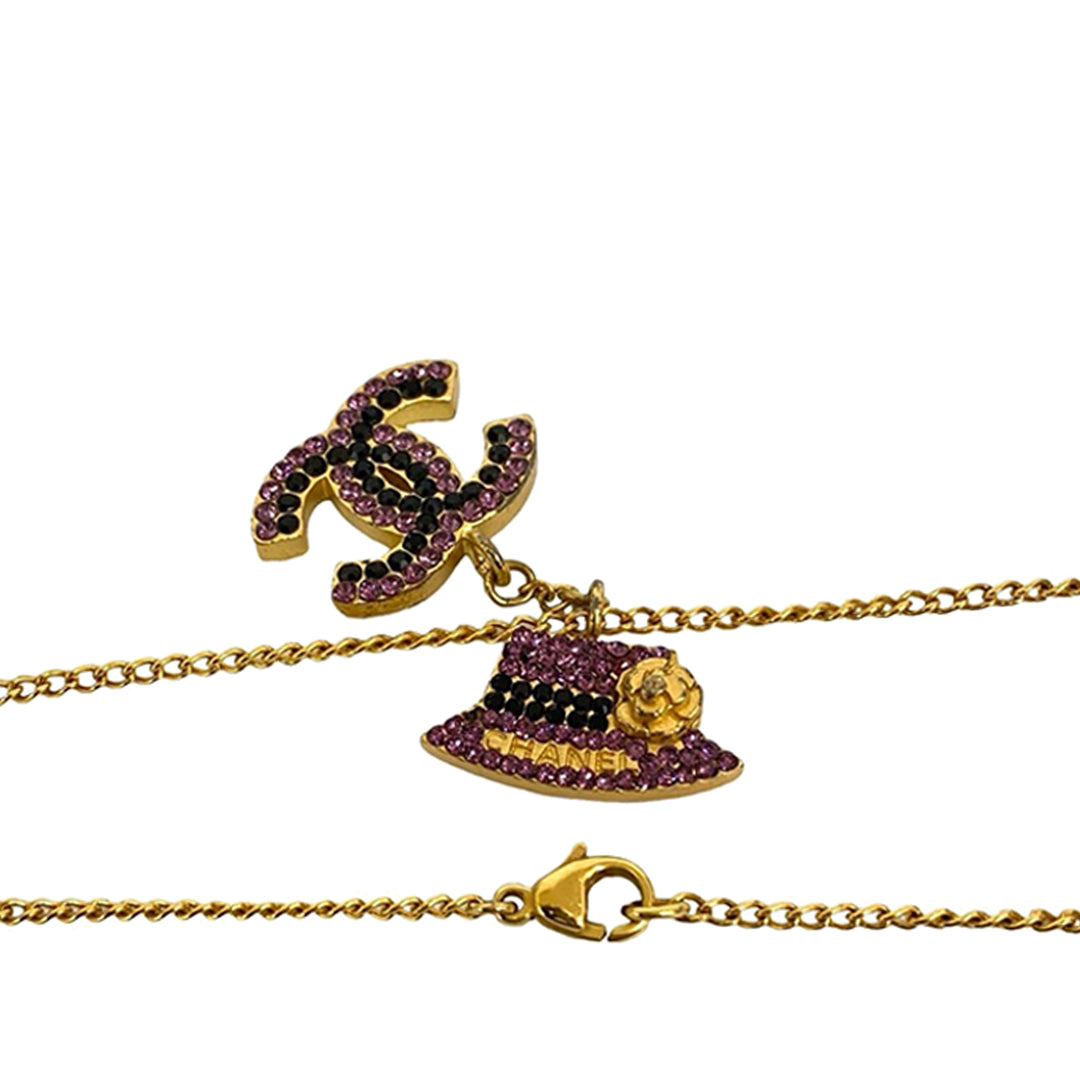 Chanel plaqué Rhinestone CC et Camellia Hat Pendant Collier