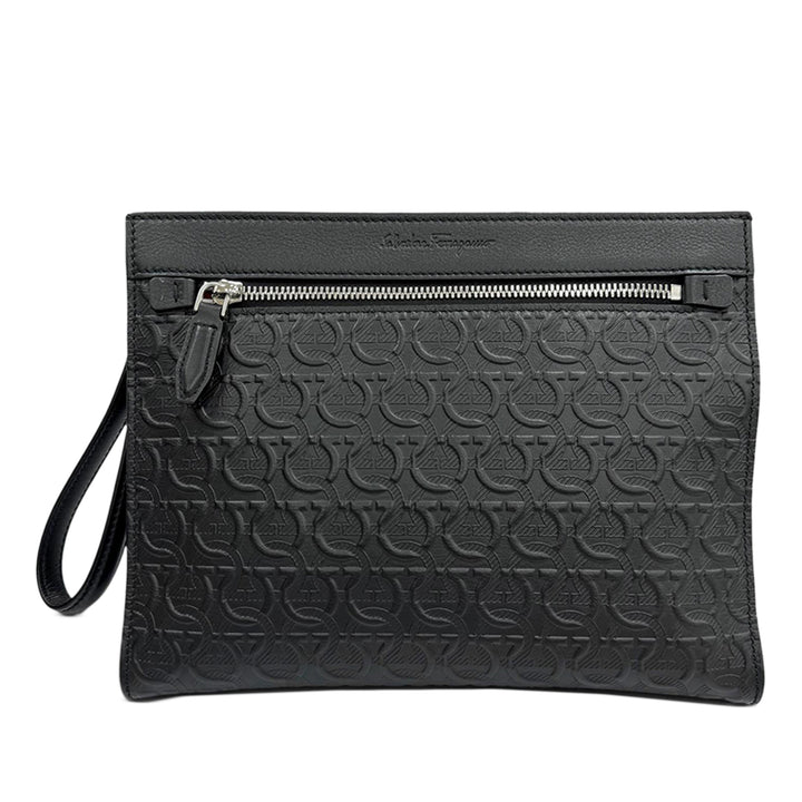 embossé Gancini Wristlet Pochette Cuir de veau Noir