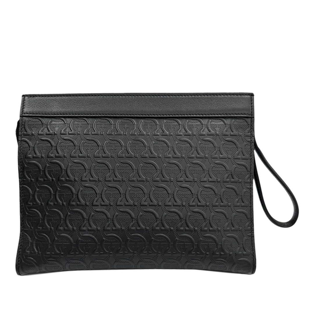 embossé Gancini Wristlet Pochette Cuir de veau Noir