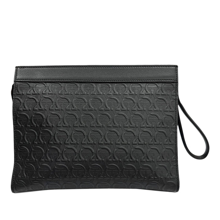 embossé Gancini Wristlet Pochette Cuir de veau Noir
