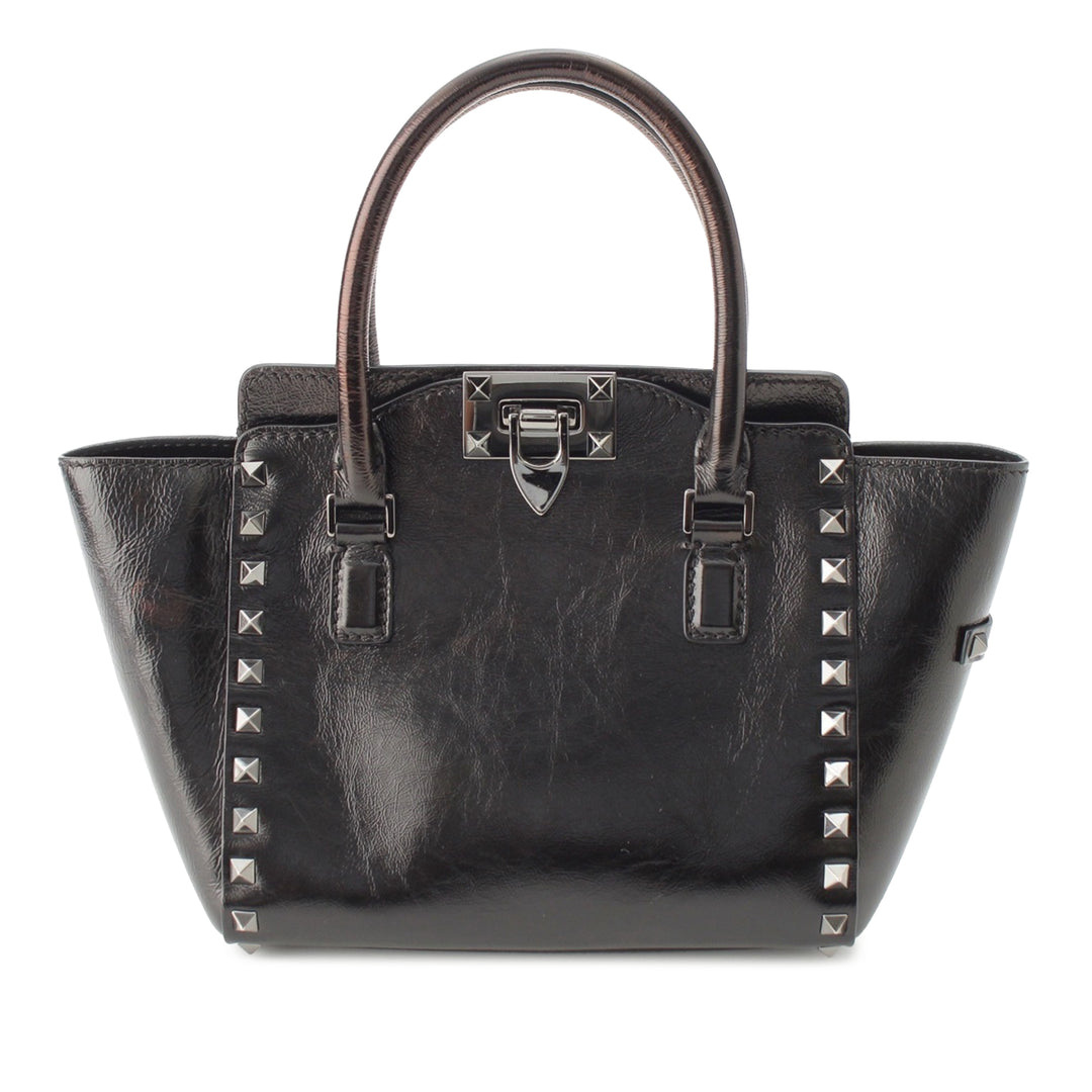 froissé Rockstud Double Poignée Cabas Petit Cuir de veau Noir