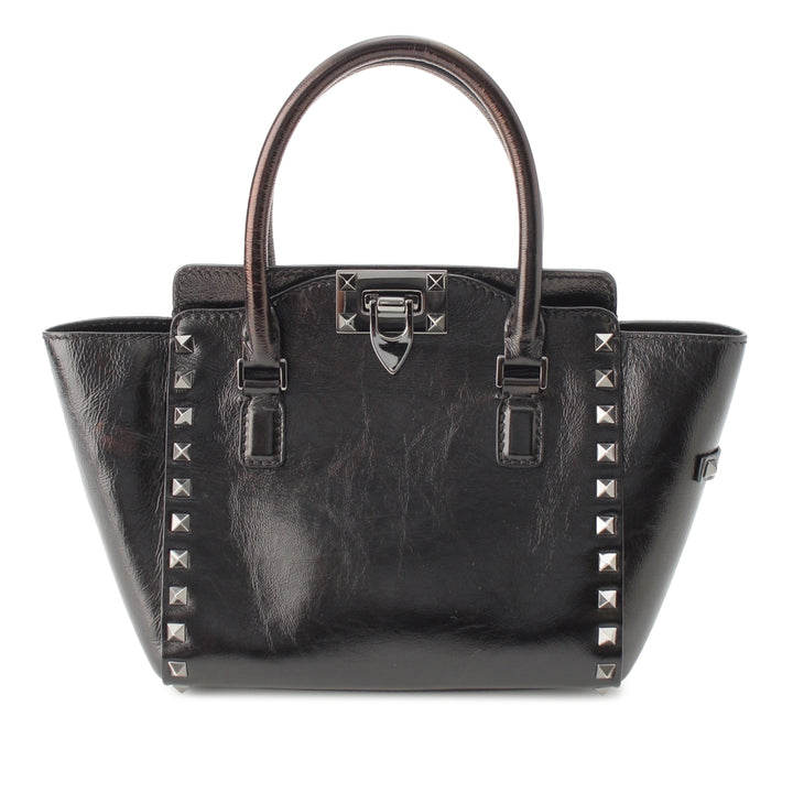 froissé Rockstud Double Poignée Cabas Petit Cuir de veau Noir