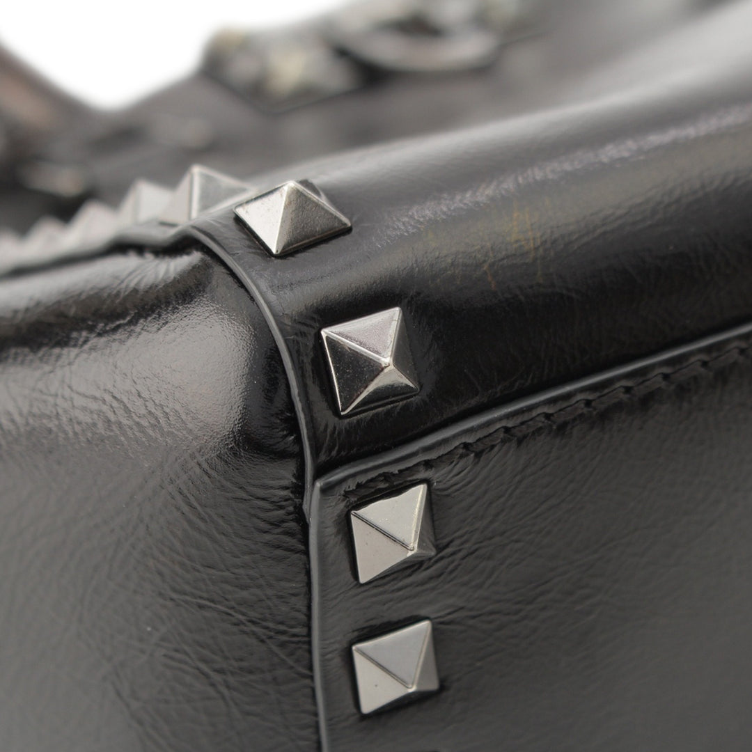 froissé Rockstud Double Poignée Cabas Petit Cuir de veau Noir