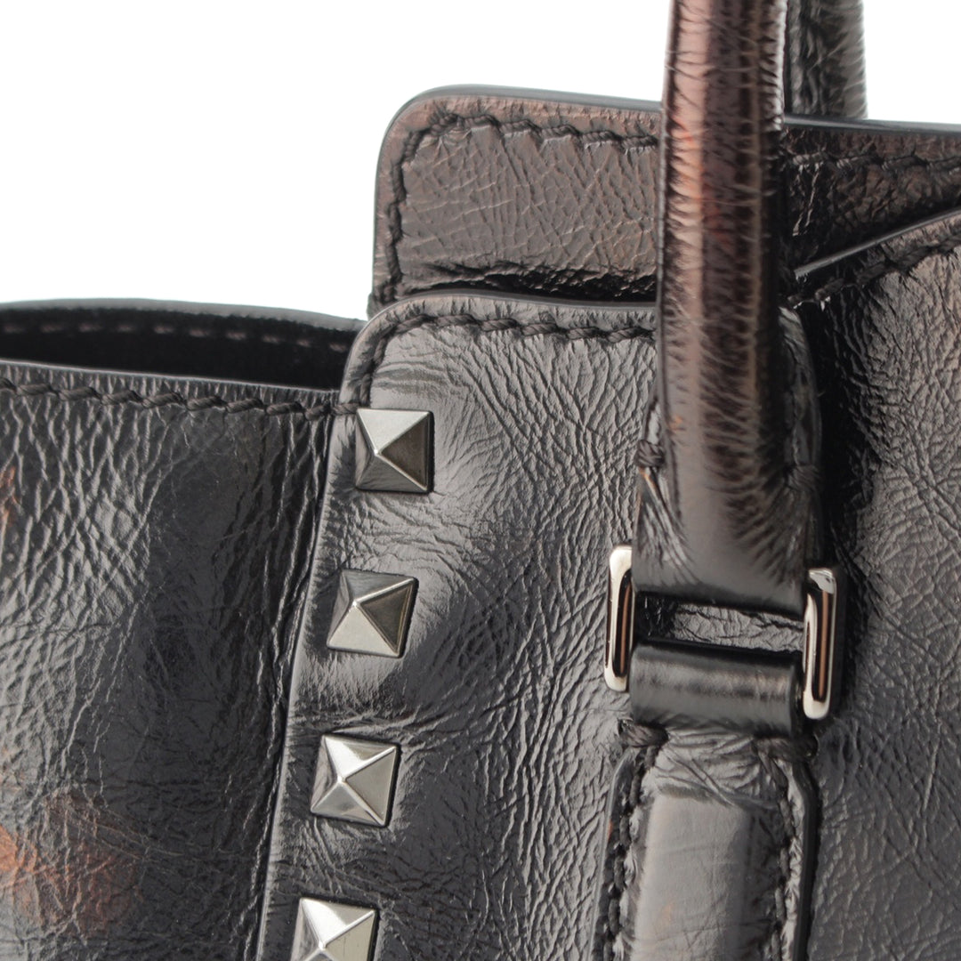 froissé Rockstud Double Poignée Cabas Petit Cuir de veau Noir