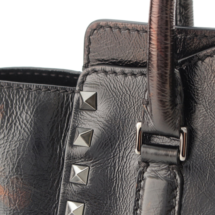 froissé Rockstud Double Poignée Cabas Petit Cuir de veau Noir