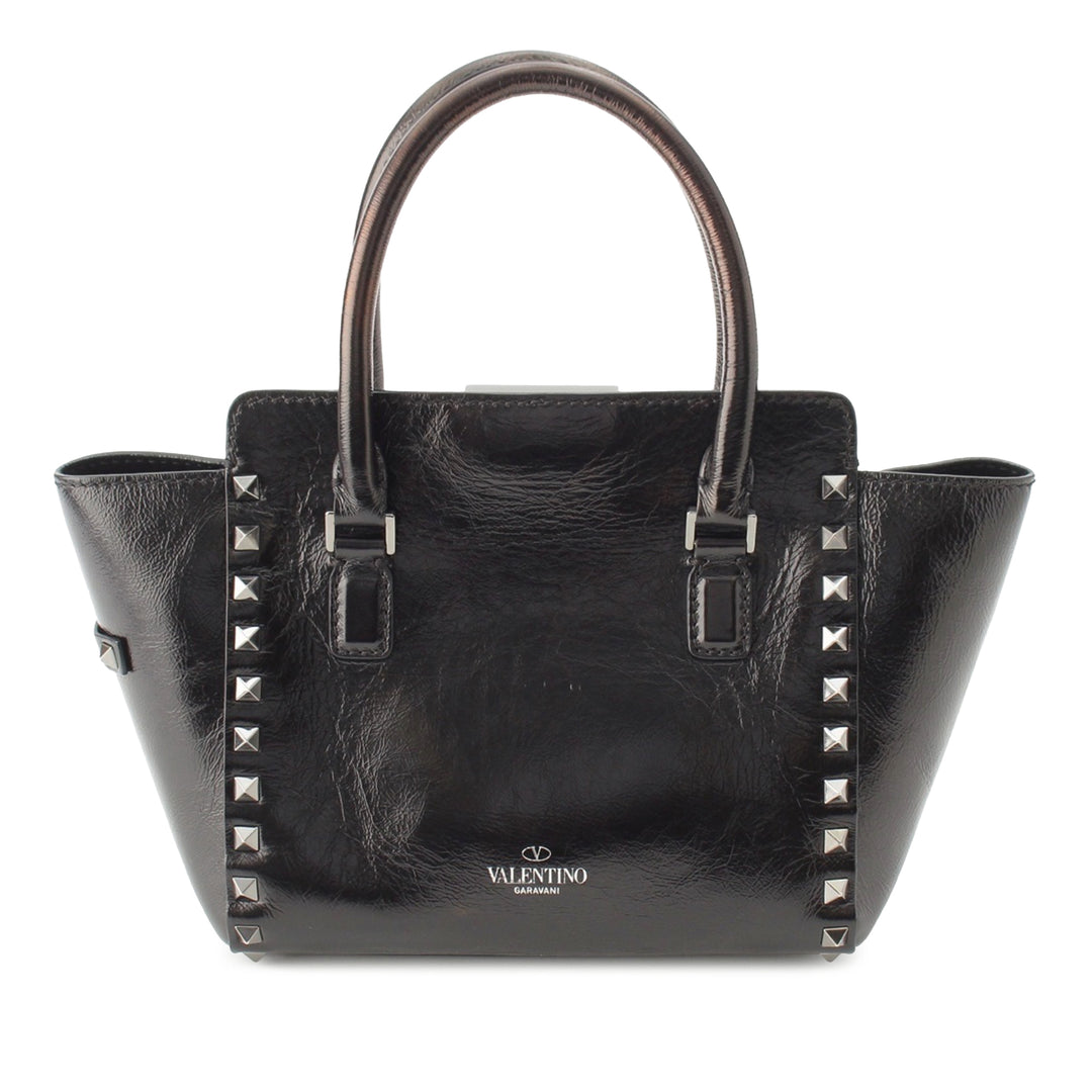 froissé Rockstud Double Poignée Cabas Petit Cuir de veau Noir